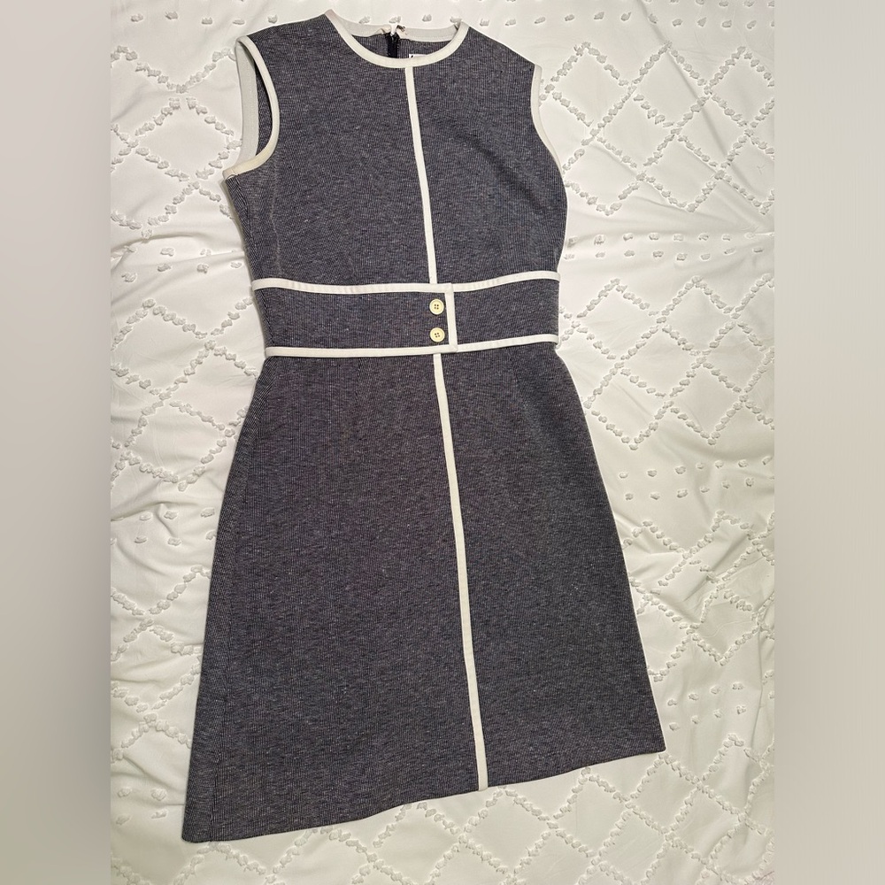Vintage 1960s Gray Sheath Dress with Cream Piping Detail